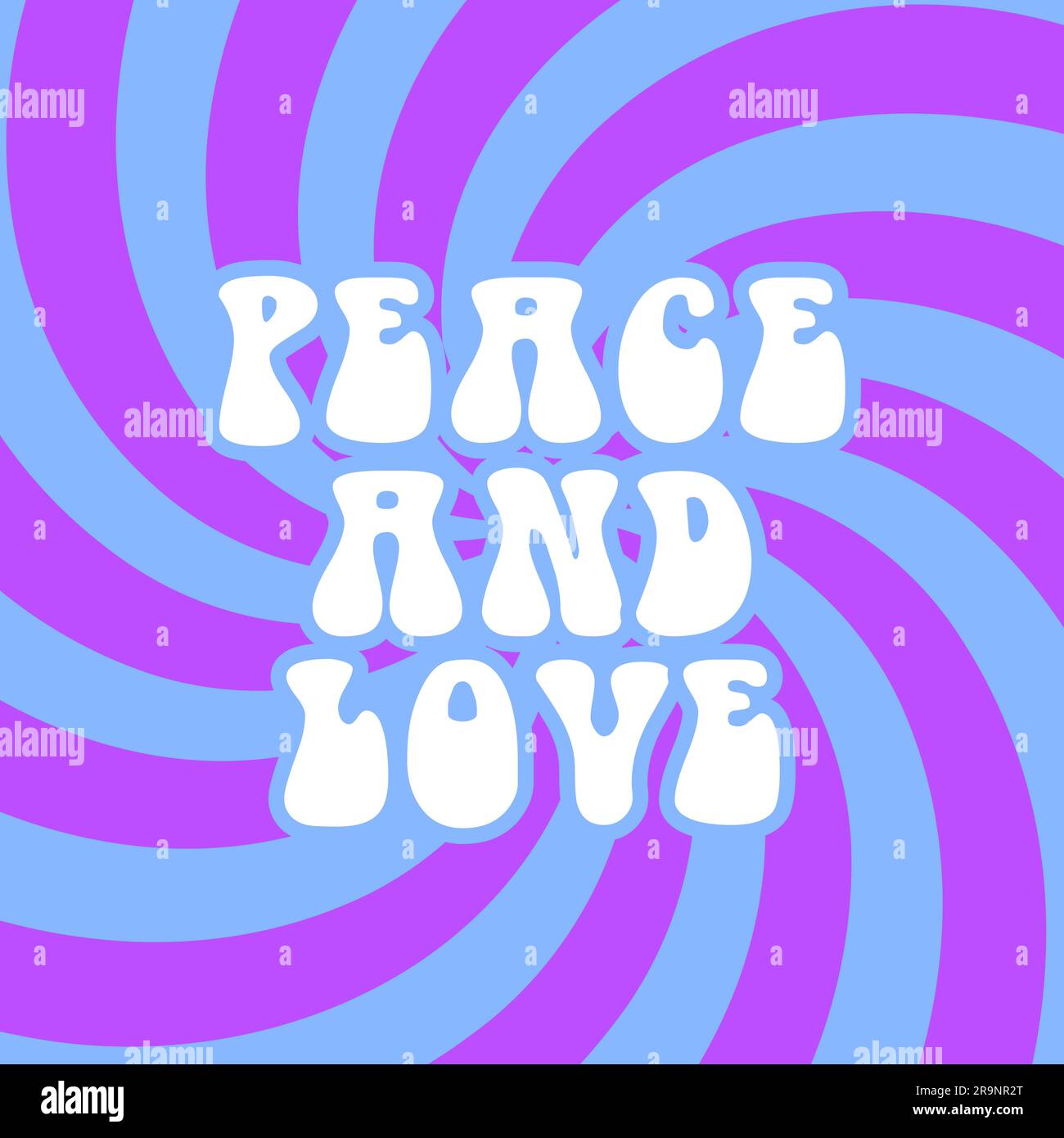 Grafica astratta e vettoriale retrò anni '60, hippie anni '70 con scritta Peace and Love e sfondo pop art moderno. Modello vintage per fas Illustrazione Vettoriale