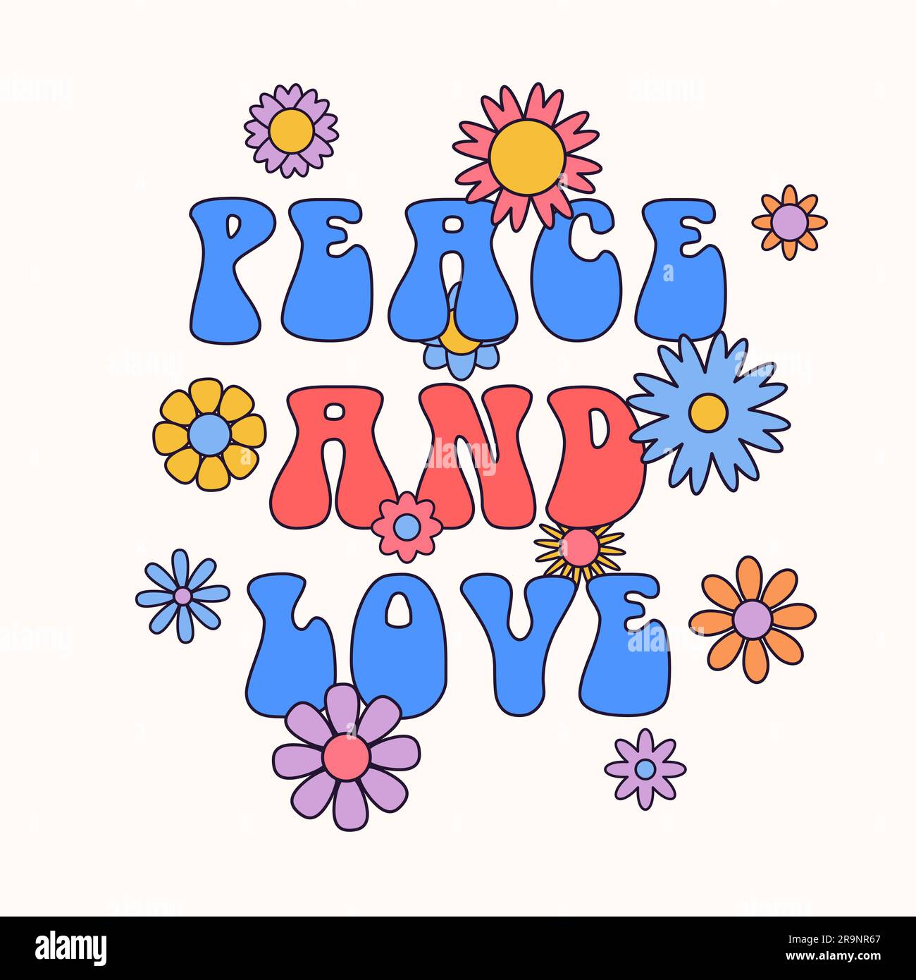 Divertente e divertente, astratto retrò anni '60, hippie groovy illustrazione degli anni '70 Peace and Love with Flowers per stampe, poster o cartoline Illustrazione Vettoriale