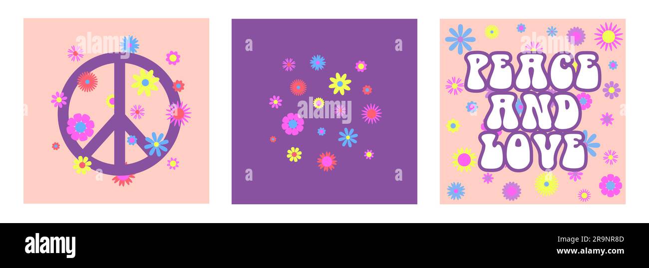Sfondi estetici astratti vettoriali retrò anni '60, hippie anni '70 con fiori grovigliati, segno di pace, frasi letterarie ispiratrici. Illustrazione vintage Illustrazione Vettoriale