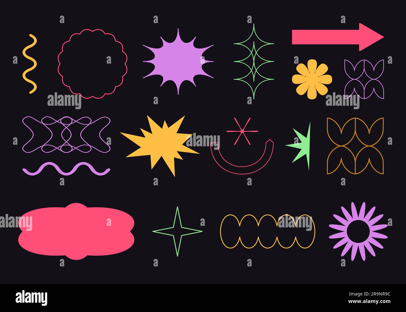 Insieme vettoriale di semplici elementi geometrici in stile minimalista. Patch, frecce, adesivi, icone, simboli, modello di badge per il branding, social me Illustrazione Vettoriale