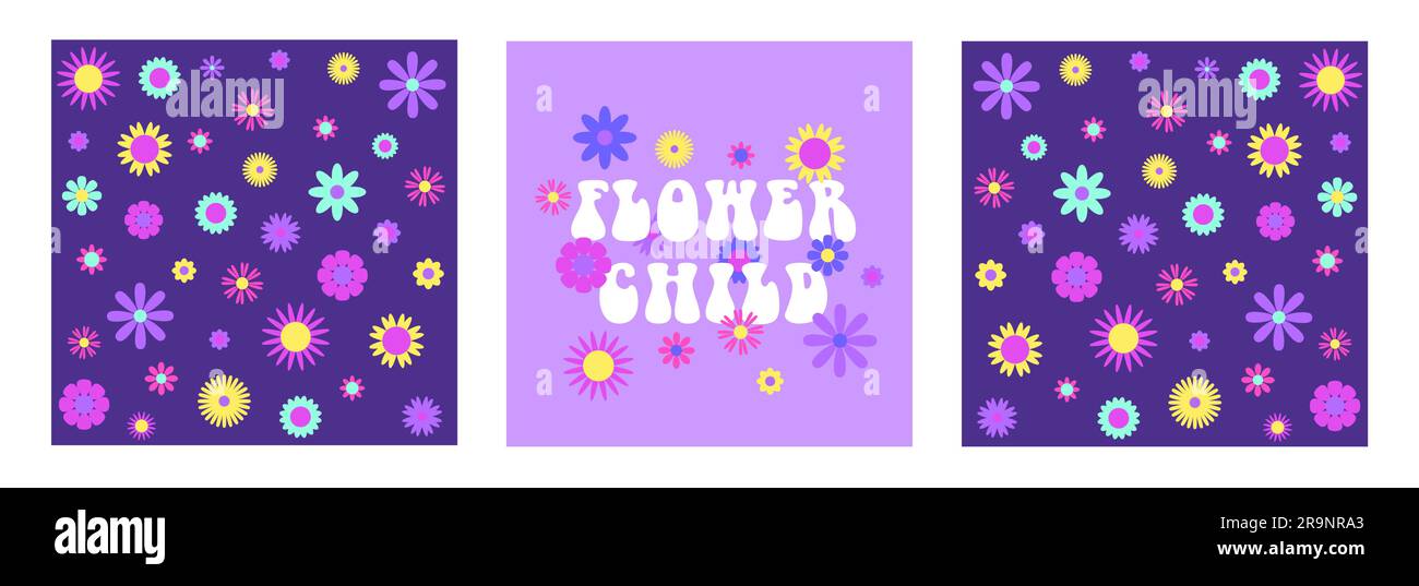 Sfondi estetici astratti vettoriali retrò anni '60, hippie anni '70 con fiori grovigli e frasi ispiratrici. Illustrazioni vintage per fashio Illustrazione Vettoriale