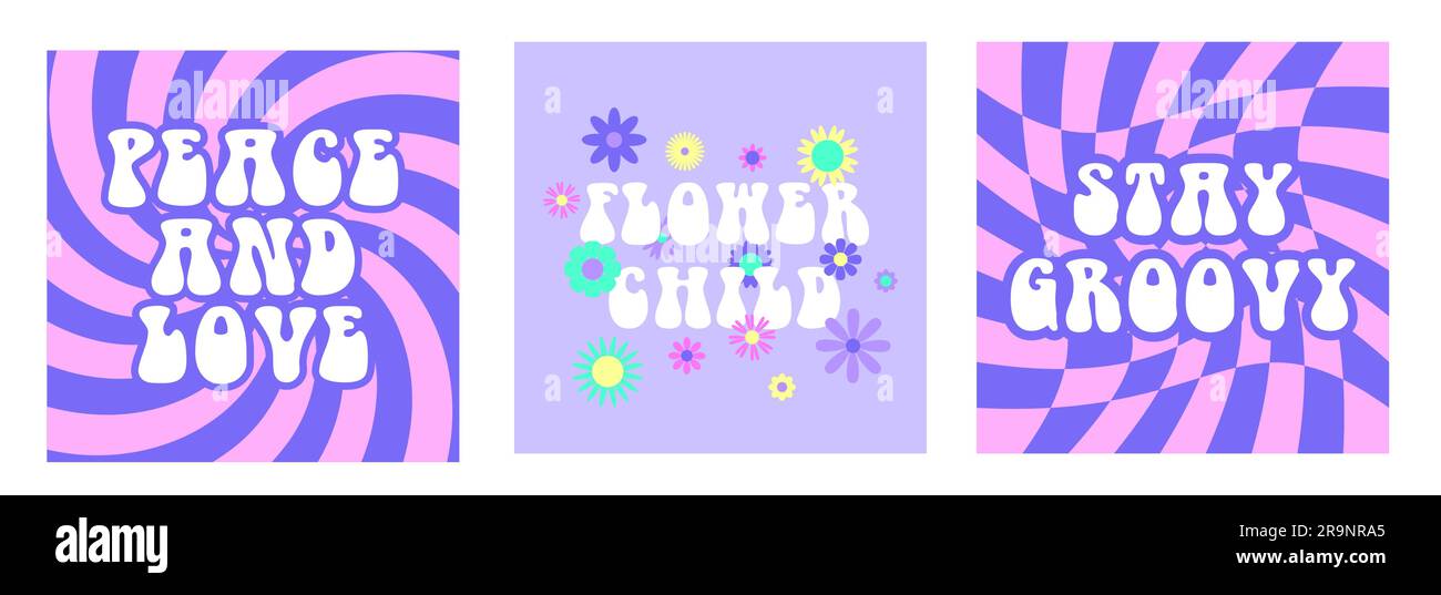 Sfondi estetici astratti vettoriali retrò anni '60, hippie anni '70 con fiori grovigli e frasi ispiratrici. Illustrazioni vintage per fashio Illustrazione Vettoriale
