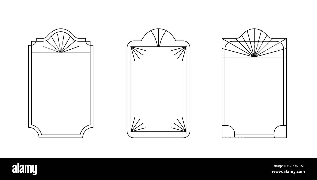 Insieme vettoriale di cornici estetiche minimalistiche lineari e bordi con stelle. Forma geometrica moderna ad arco rettangolare in stile art deco con scintille f Illustrazione Vettoriale