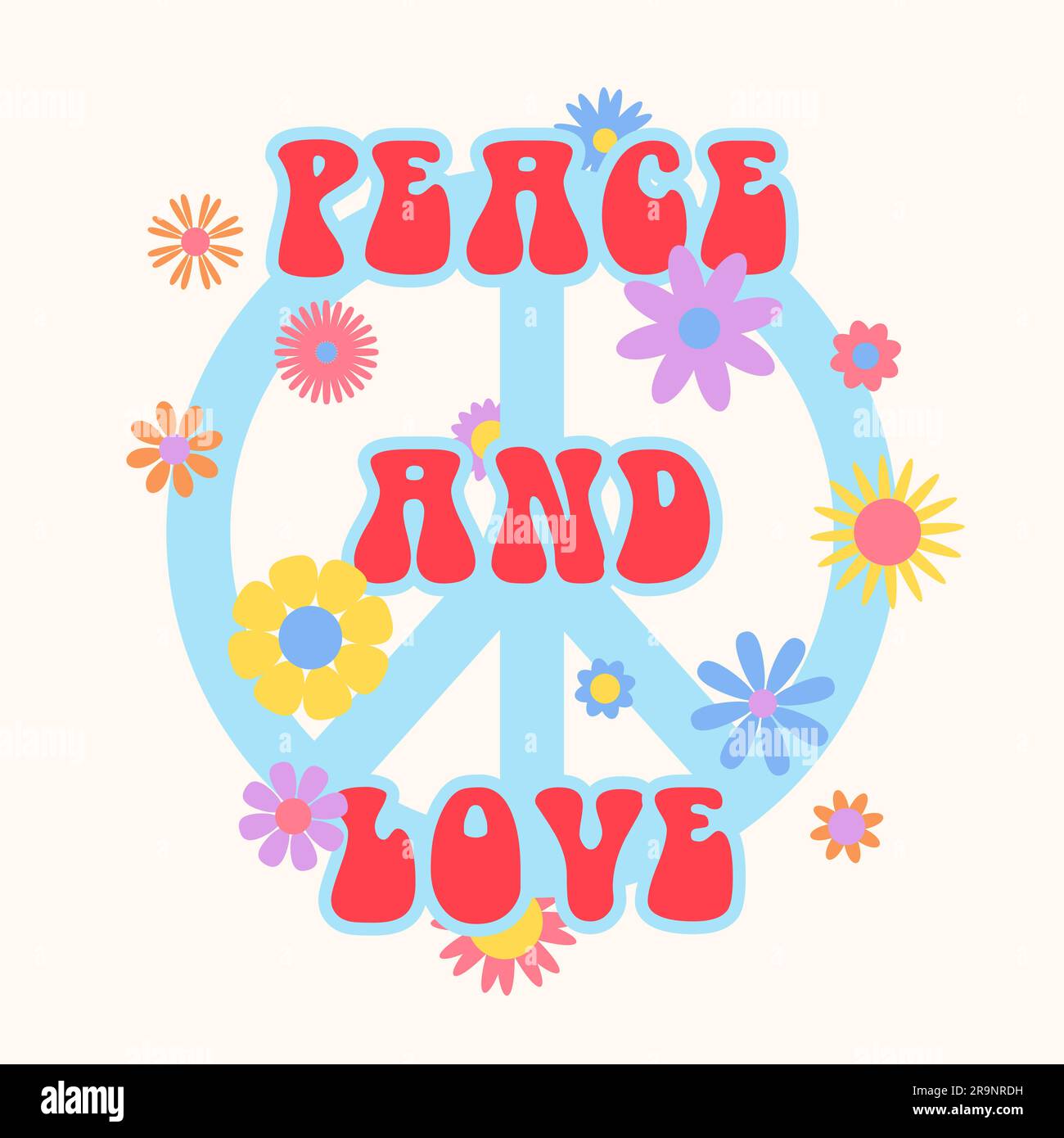 Divertente, astratto e vettoriale retrò anni '60, hippie groovy illustrazione degli anni '70 Peace and Love con cartello di pace per stampe, poster o cartoline Illustrazione Vettoriale