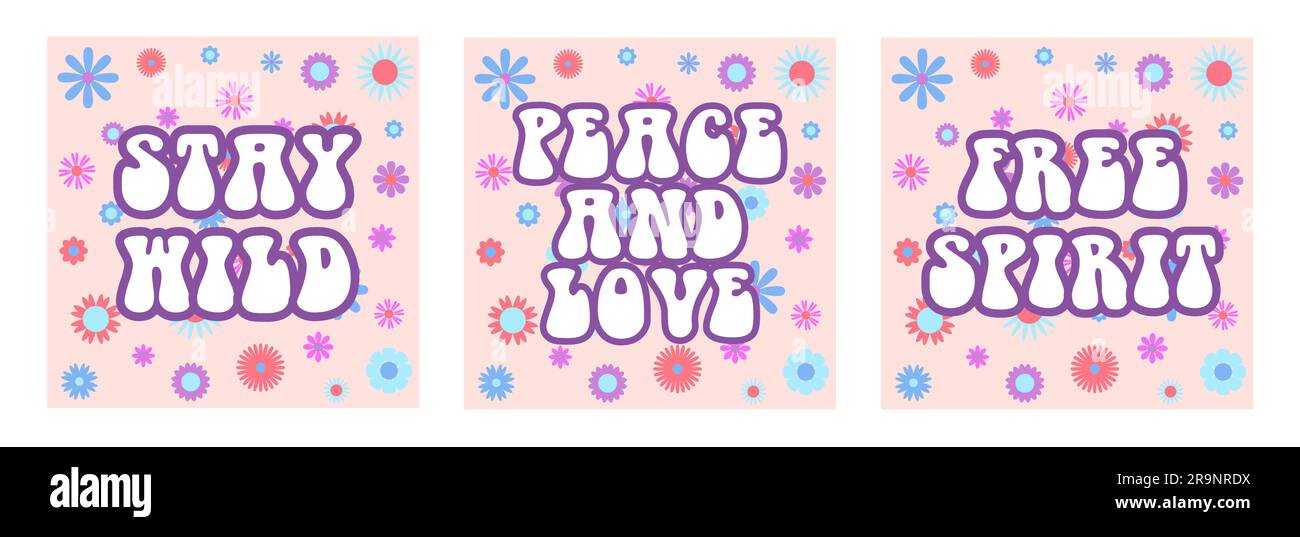 Sfondi estetici astratti vettoriali retrò anni '60, hippie anni '70 con fiori grovigli e frasi ispiratrici. Illustrazioni vintage per fashio Illustrazione Vettoriale