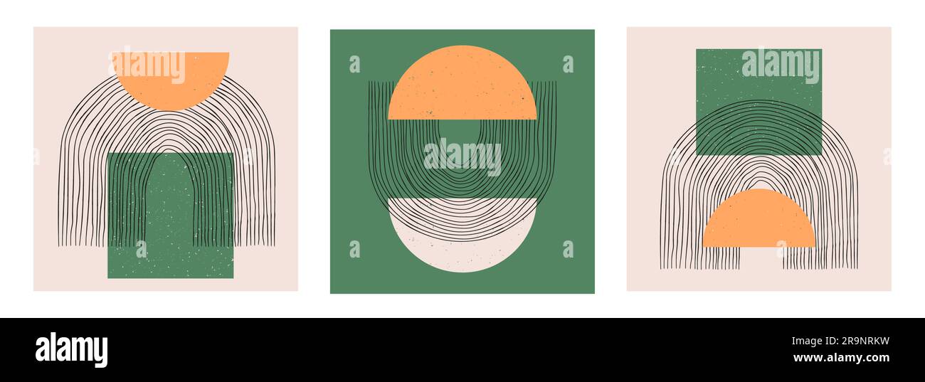 Set vettoriale di poster di progettazione geometrica minimalista boho astratta. Schede creative di modelli alla moda con composizioni di forme primitive per la decorazione delle pareti, p Illustrazione Vettoriale