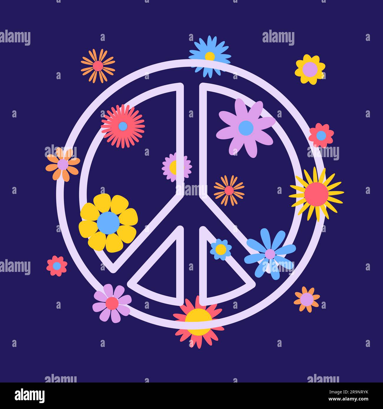 Grafica astratta e vettoriale retrò anni '60, hippie anni '70 con fiori e segno di pace. Modello vintage per stampe d'arte, poster o cartoline Illustrazione Vettoriale