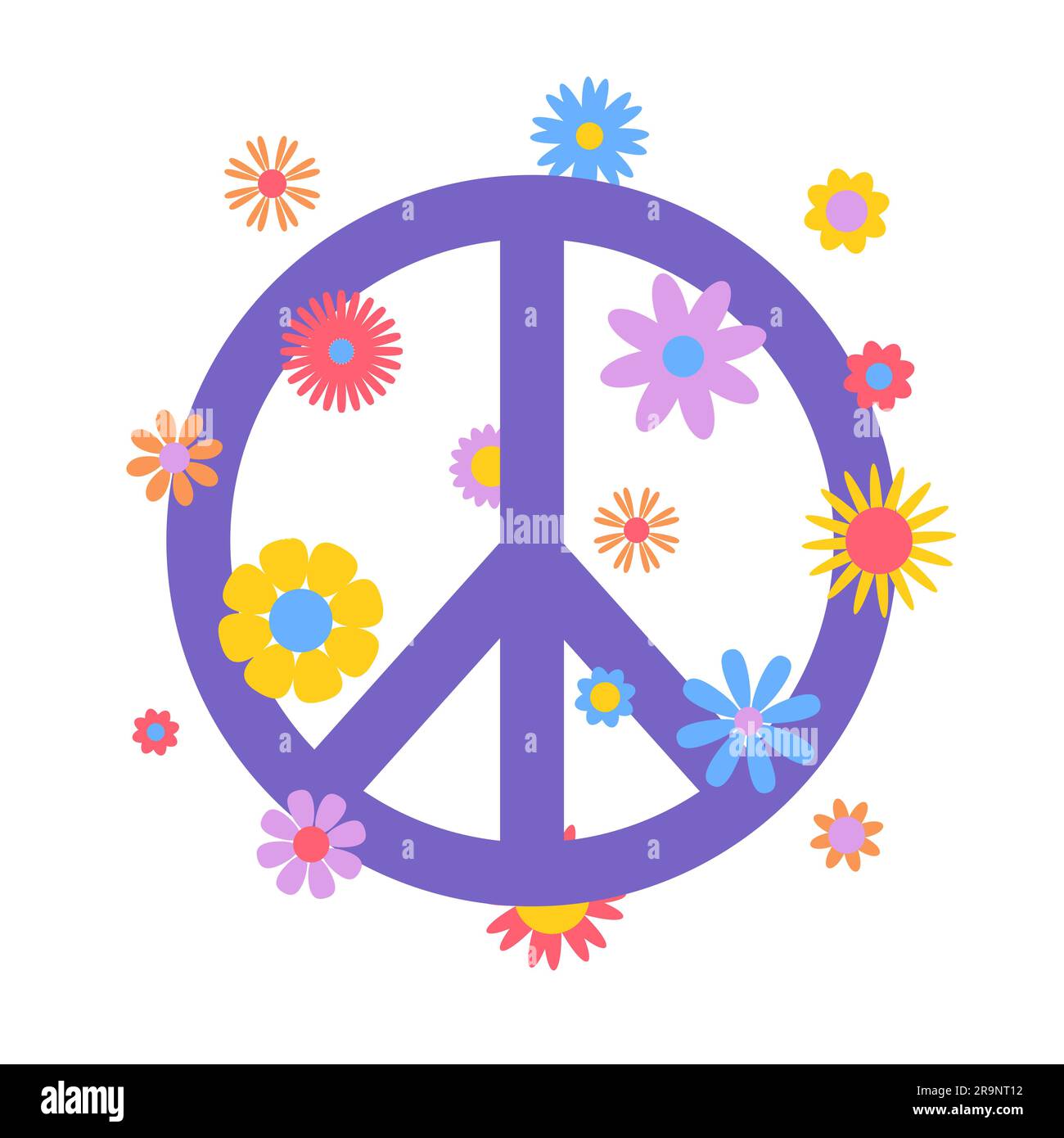 Grafica astratta e vettoriale retrò anni '60, hippie anni '70 con fiori e segno di pace. Modello vintage per stampe d'arte, poster o cartoline Illustrazione Vettoriale