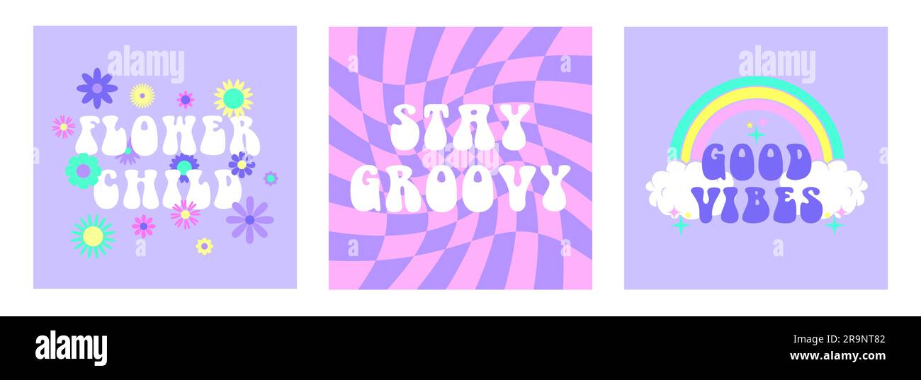 Sfondi estetici astratti vettoriali retrò anni '60, hippie anni '70 con fiori grovigliati, arcobaleno, espressioni letterarie ispirate. Illustrazioni vintage f Illustrazione Vettoriale