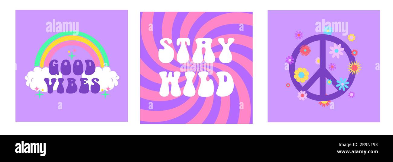 Sfondi estetici astratti vettoriali retrò anni '60, hippie anni '70 con fiori ruvidi, segno di pace, arcobaleno, espressioni letterarie ispirate. Vintage malato Illustrazione Vettoriale