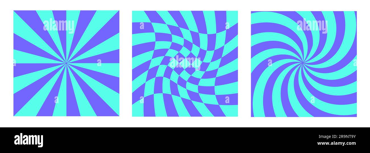 Carte Vector trendy divertenti astratte retrò anni '60 e hippie anni '70 in stile fumetto pop art. Sfondo con onde, spirale e curve per modello flyer, art pri Illustrazione Vettoriale