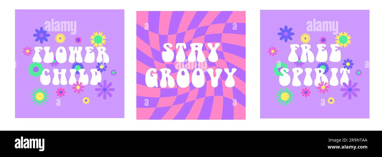 Sfondi estetici astratti vettoriali retrò anni '60, hippie anni '70 con fiori grovigli e frasi ispiratrici. Illustrazioni vintage per fashio Illustrazione Vettoriale
