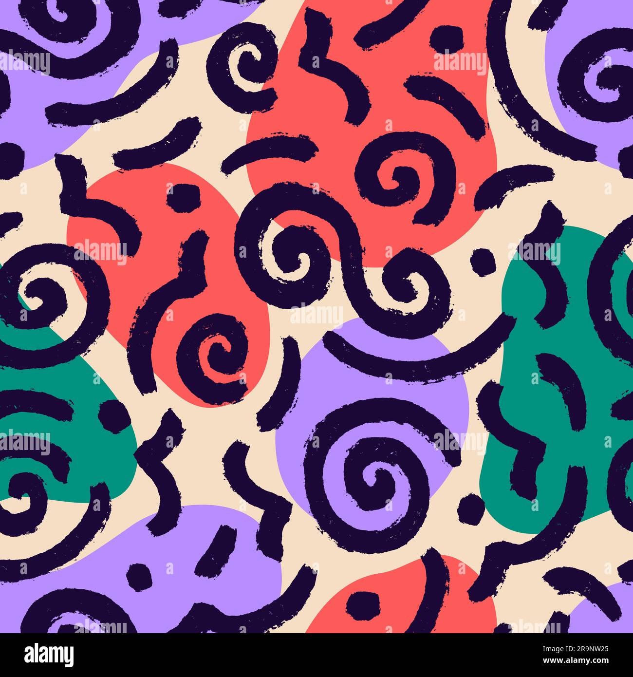 Motivo vettoriale senza cuciture con tratti di pennello nero disegnati a mano. Cerchi astratti e caotici, linee curve, ondulate e puntini, scarabocchi decorativi disordinati Illustrazione Vettoriale