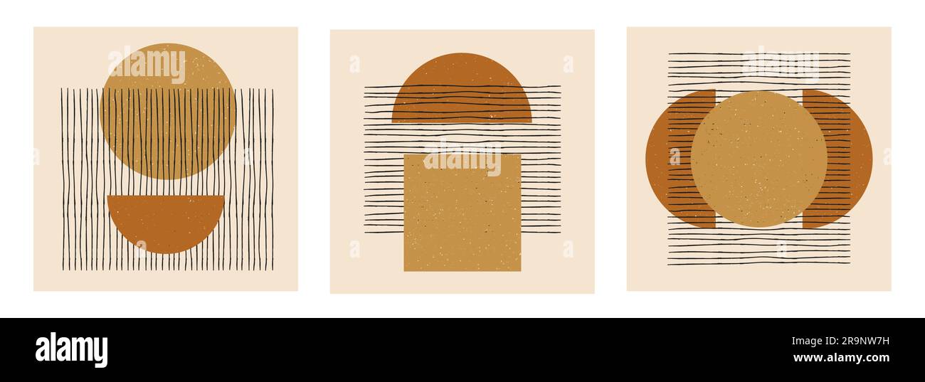 Set vettoriale di poster di progettazione geometrica minimalista boho astratta. Schede creative di modelli alla moda con composizioni di forme primitive per la decorazione delle pareti, p Illustrazione Vettoriale