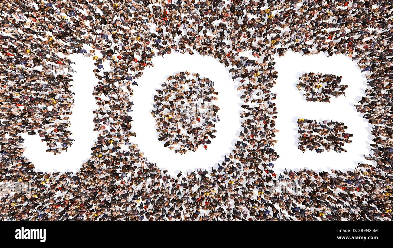 Concetto o grande comunità concettuale di persone che formano parola DI LAVORO. 3d metafora illustrativa per il lavoro, le risorse umane, l'occupazione, il reclutamento, la carriera Foto Stock