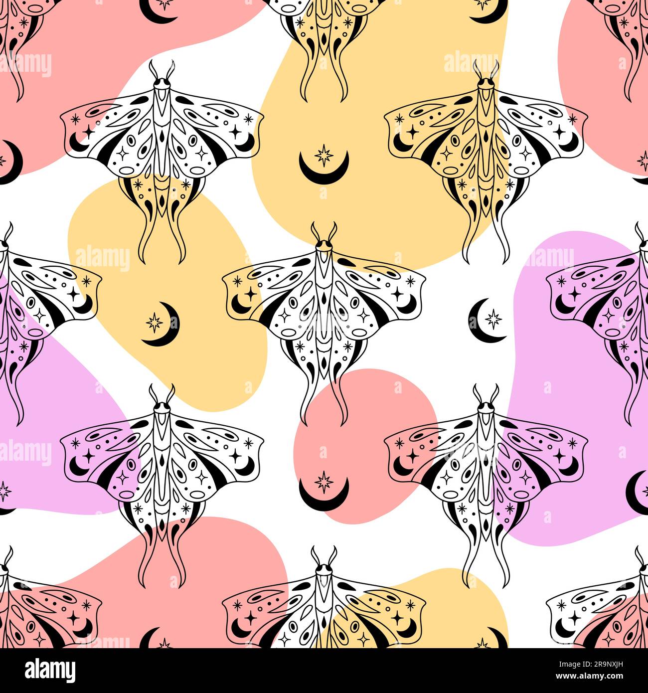 Schema celeste senza cuciture di magia vettoriale con luna, stelle e miti mistici. Sfondo esoterico astratto boho con farfalle per moda, tessuto, tex Illustrazione Vettoriale