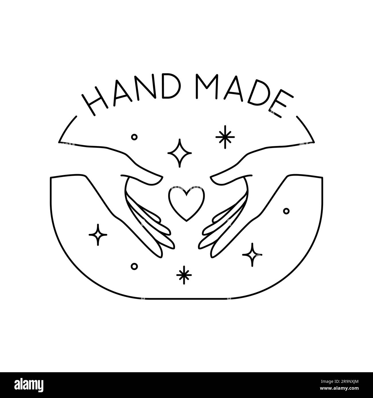 Etichetta Vector trendy fatta a mano o badge di gesti in stile lineare moderno isolato. Emblema o logo con mani che reggono cuore e stelle - fatto a mano, realizzato Illustrazione Vettoriale