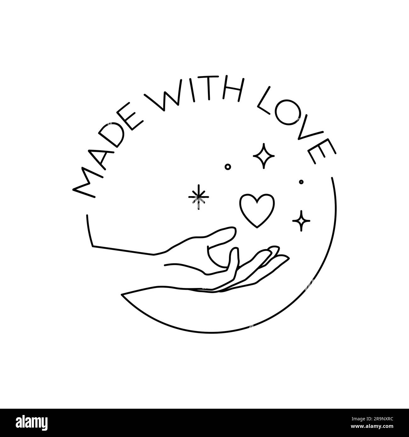Etichetta Vector trendy fatta a mano o distintivo di gesti in stile lineare e moderno. Emblema o logo con la mano che tiene il cuore e le stelle - fatto a mano, fatto con amore Illustrazione Vettoriale