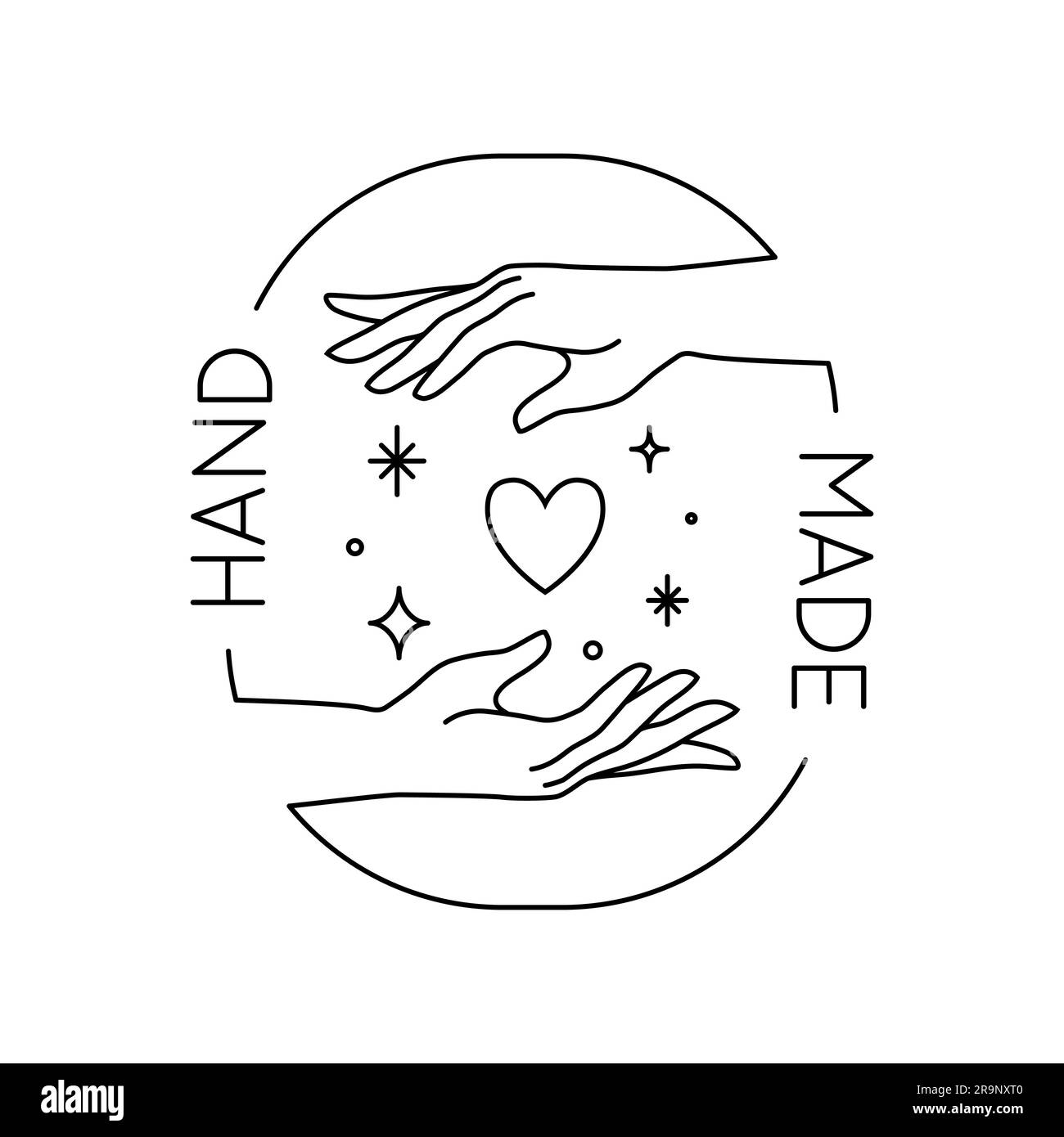 Etichetta Vector trendy fatta a mano o badge di gesti in stile lineare moderno isolato. Emblema o logo con mani che reggono cuore e stelle - fatto a mano, realizzato Illustrazione Vettoriale