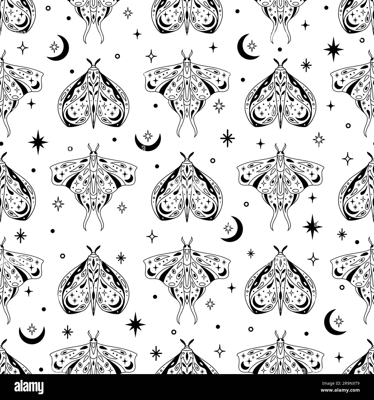 Schema celeste senza cuciture di magia vettoriale con luna, stelle e miti mistici. Sfondo esoterico astratto boho con farfalle per moda, tessuto, tex Illustrazione Vettoriale