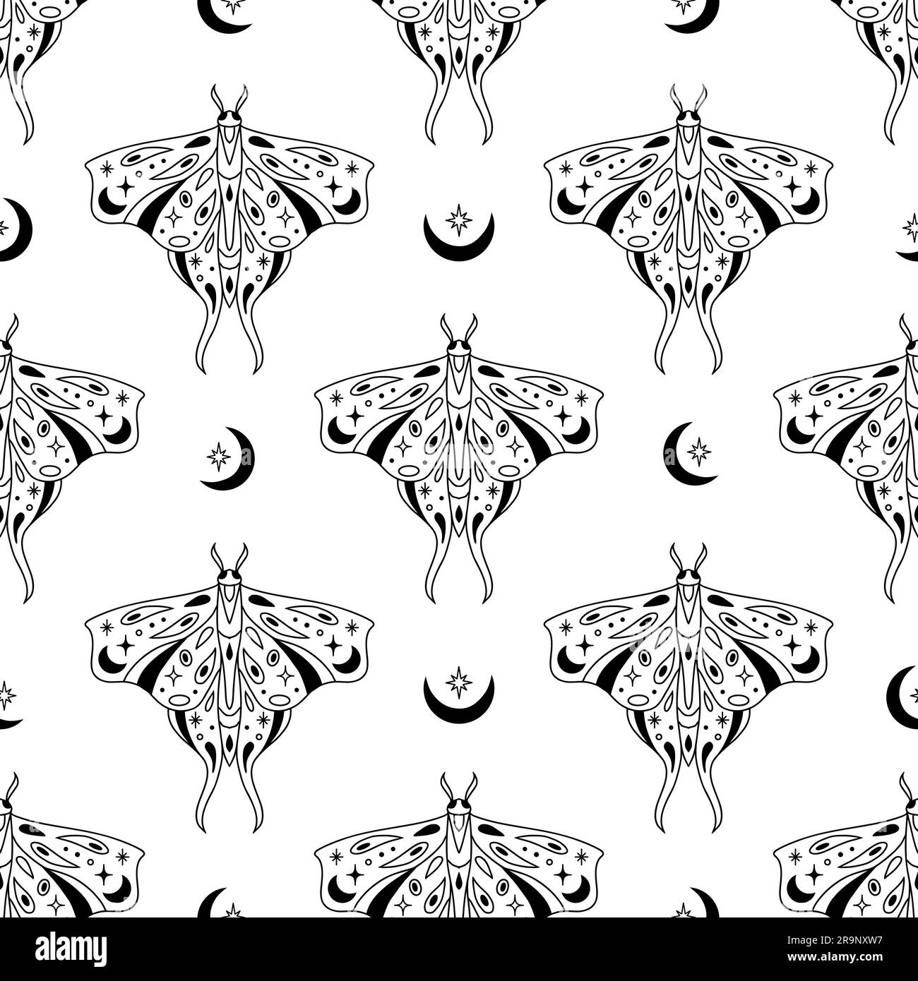 Schema celeste senza cuciture di magia vettoriale con luna, stelle e miti mistici. Sfondo esoterico astratto boho con farfalle per moda, tessuto, tex Illustrazione Vettoriale