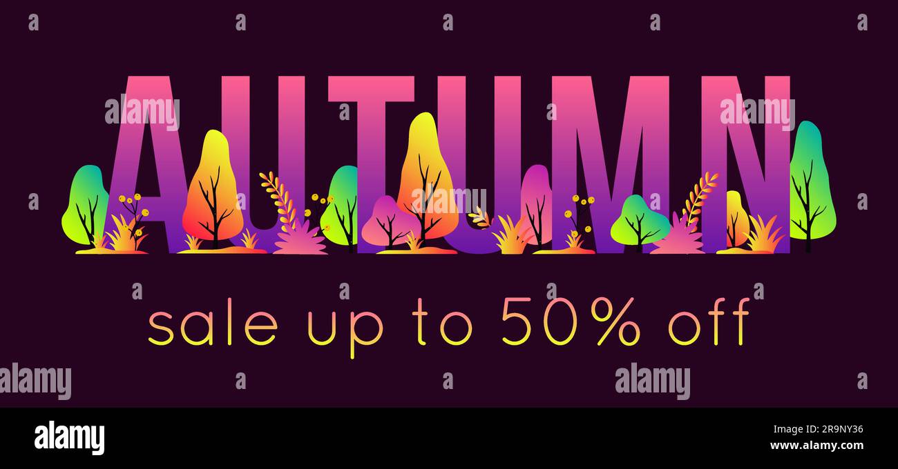 Banner Vector trendy per saldi autunnali per la stagione autunnale dello shopping. Sfondo con lettere, alberi e piante per buoni sconto, buoni o pubblicità Illustrazione Vettoriale