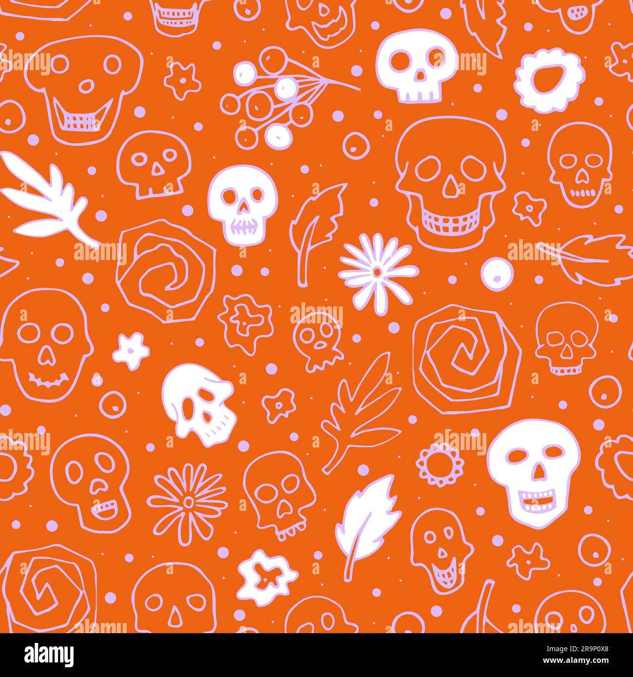 Puzzoletti di Halloween, motivi floreali senza cuciture. Scheletro, pianta su sfondo arancione. Disegnato a mano el dia de los Muertos. Carattere mistico. Vettore Illustrazione Vettoriale