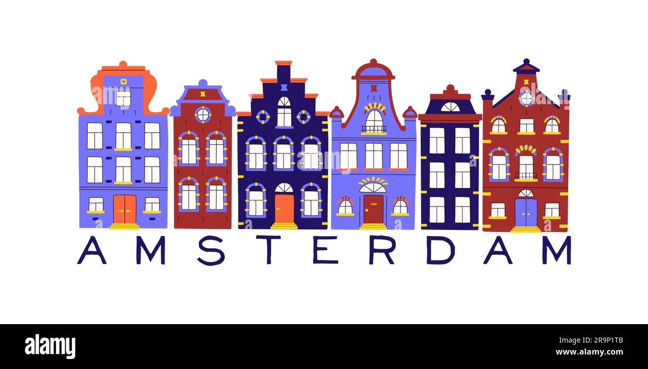 Carino vettoriale con case tradizionali. Collezione vettoriale di facciate multicolore di vecchi edifici su sfondo bianco isolato in scandinavian tre Illustrazione Vettoriale