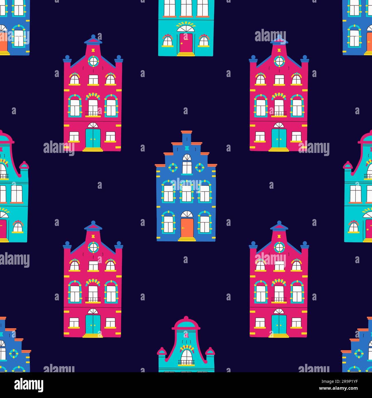 Grazioso motivo vettoriale senza cuciture con casette tradizionali. Sfondo vettoriale di facciate multicolore di vecchi edifici in stile scandinavo alla moda. Illustrazione Vettoriale