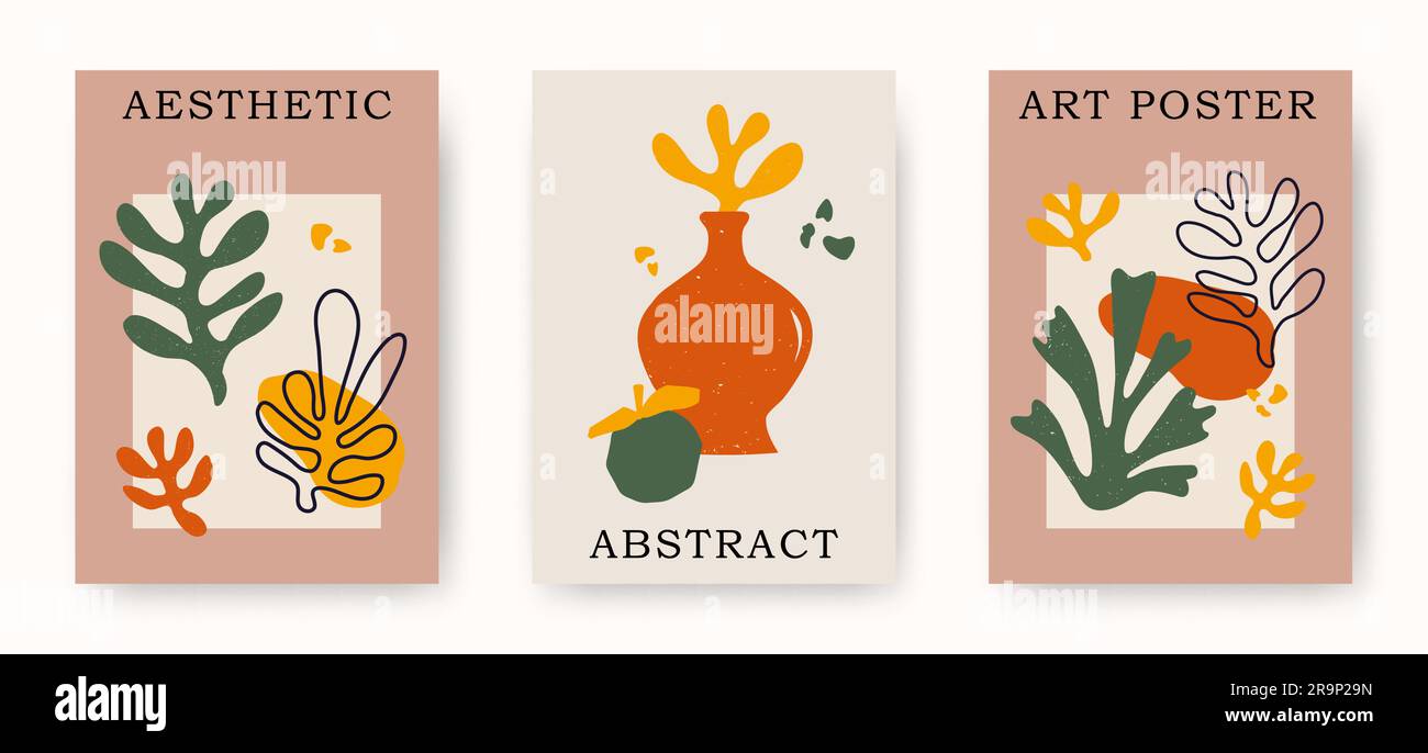 Set vettoriale di poster contemporanei con vasi astratti estetici disegnati a mano con coralli di fiori. Le illustrazioni floreali ispirate a Creative Matisse. Illustrazione Vettoriale