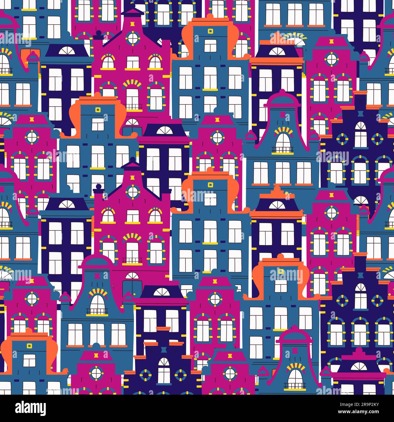 Grazioso motivo vettoriale senza cuciture con casette tradizionali. Sfondo vettoriale di facciate multicolore di vecchi edifici in stile scandinavo alla moda. Illustrazione Vettoriale