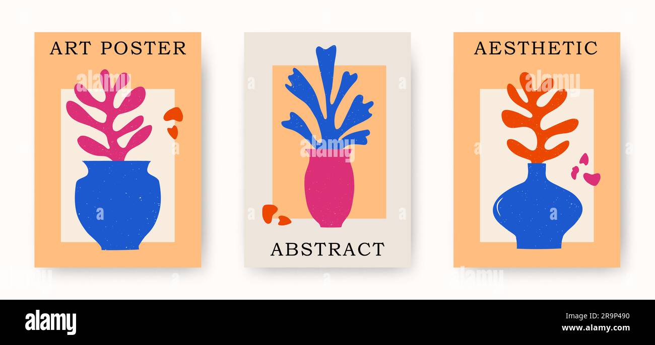 Set vettoriale di poster contemporanei con vasi astratti estetici disegnati a mano con coralli di fiori. Le illustrazioni floreali ispirate a Creative Matisse. Illustrazione Vettoriale
