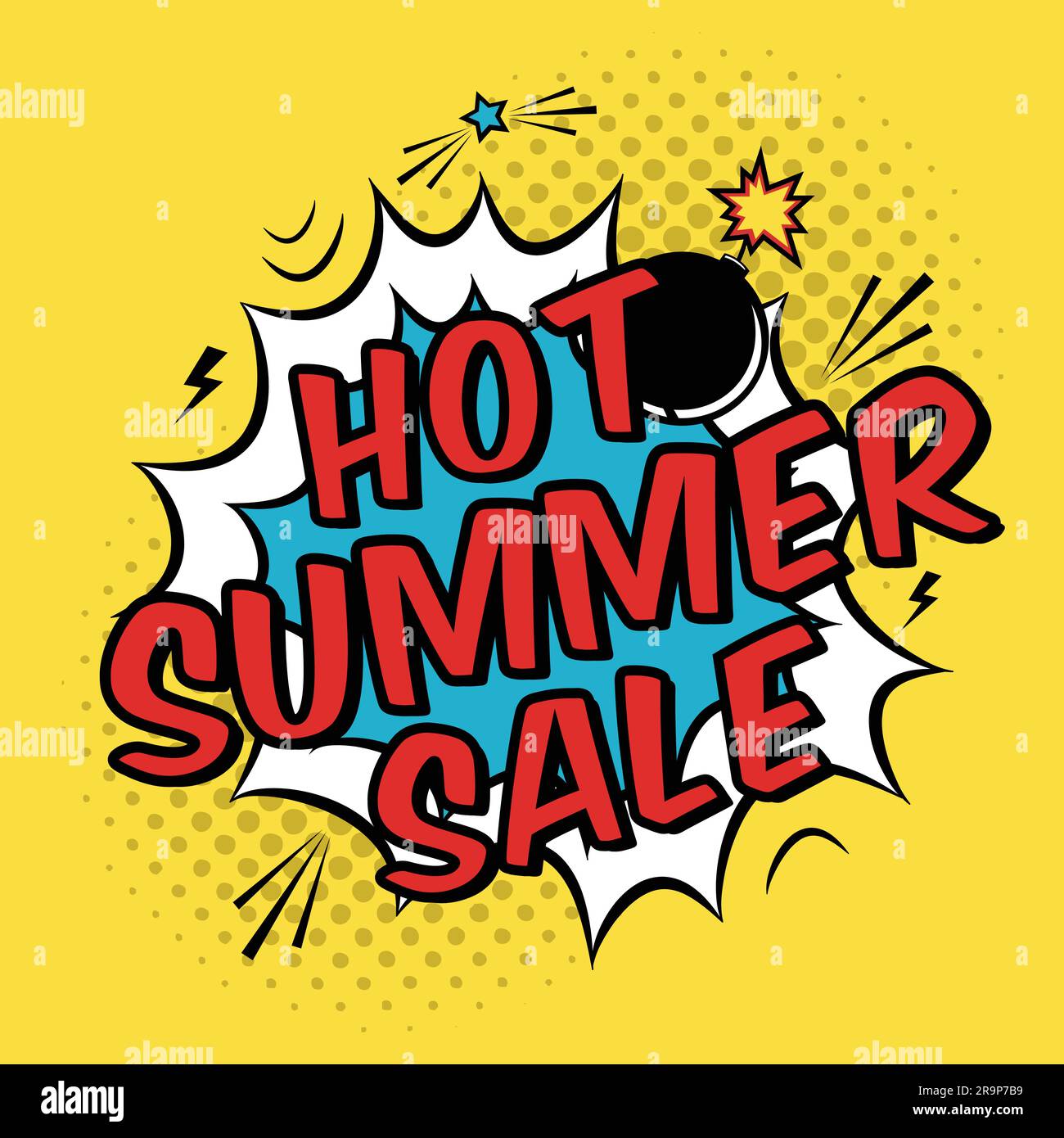 Illustrazione vettoriale della pop art con promozione sconto Hot Summer sale. Modello decorativo con sfondo mezzitoni e esplosione di bombe in ormeggio Illustrazione Vettoriale