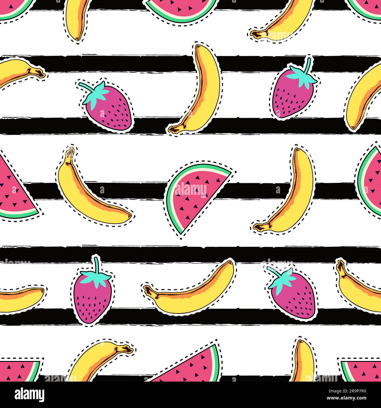 Motivo vettoriale senza cuciture con graziosi stemmi di frutta: Banana, anguria e fragole su sfondo a righe. Collezione estiva di adesivi alla moda, p Illustrazione Vettoriale