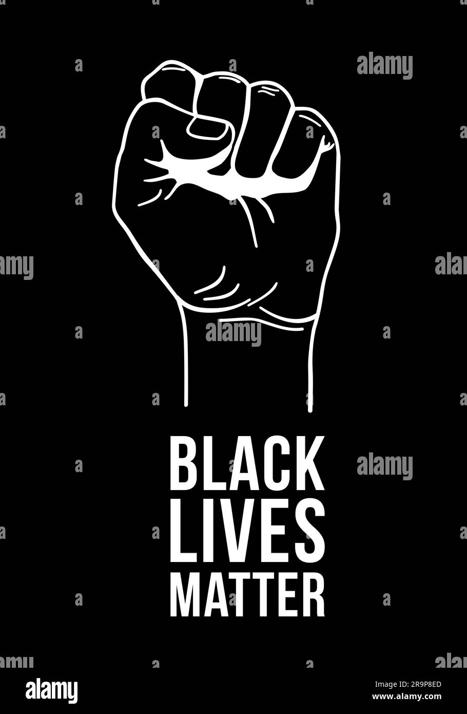 Illustrazione vettoriale del testo Black Lives Matter, pugno stretto tenuto alto per protesta. Mano sollevata isolata. Concetto di diritti umani e uguaglianza. Sticke Illustrazione Vettoriale