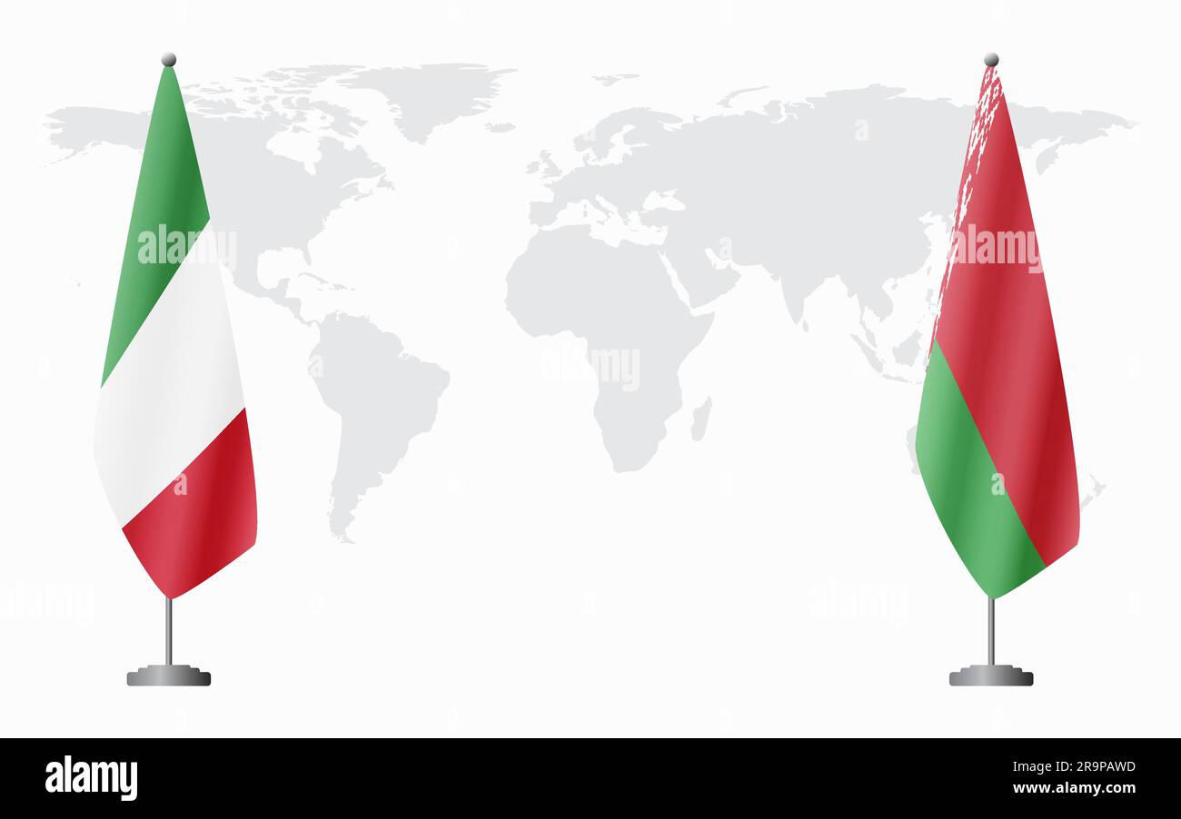 Bandiere italiane e bielorusse per incontri ufficiali sullo sfondo della mappa mondiale. Illustrazione Vettoriale
