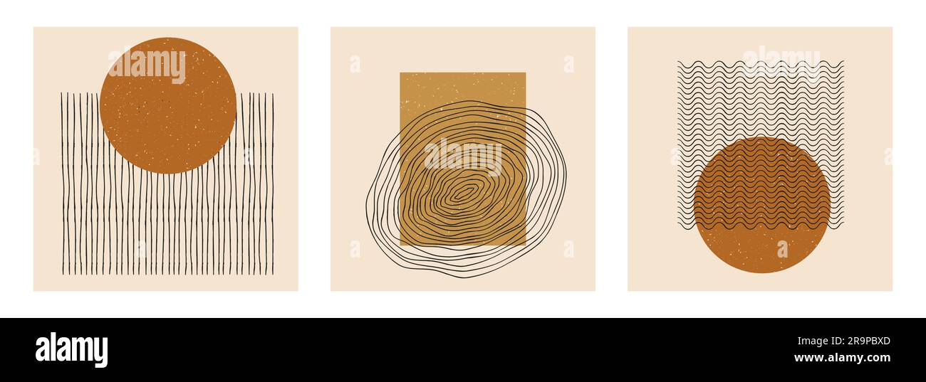 Set vettoriale di poster di progettazione geometrica minimalista boho astratta. Schede creative di modelli alla moda con composizioni di forme primitive per la decorazione delle pareti, p Illustrazione Vettoriale
