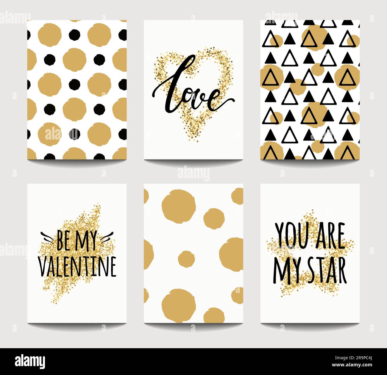 Set vettoriale di biglietti d'amore per il matrimonio e San Valentino con effetti scintillanti dorati. Modelli di invito, biglietto d'auguri, poster. Illustrazione Vettoriale