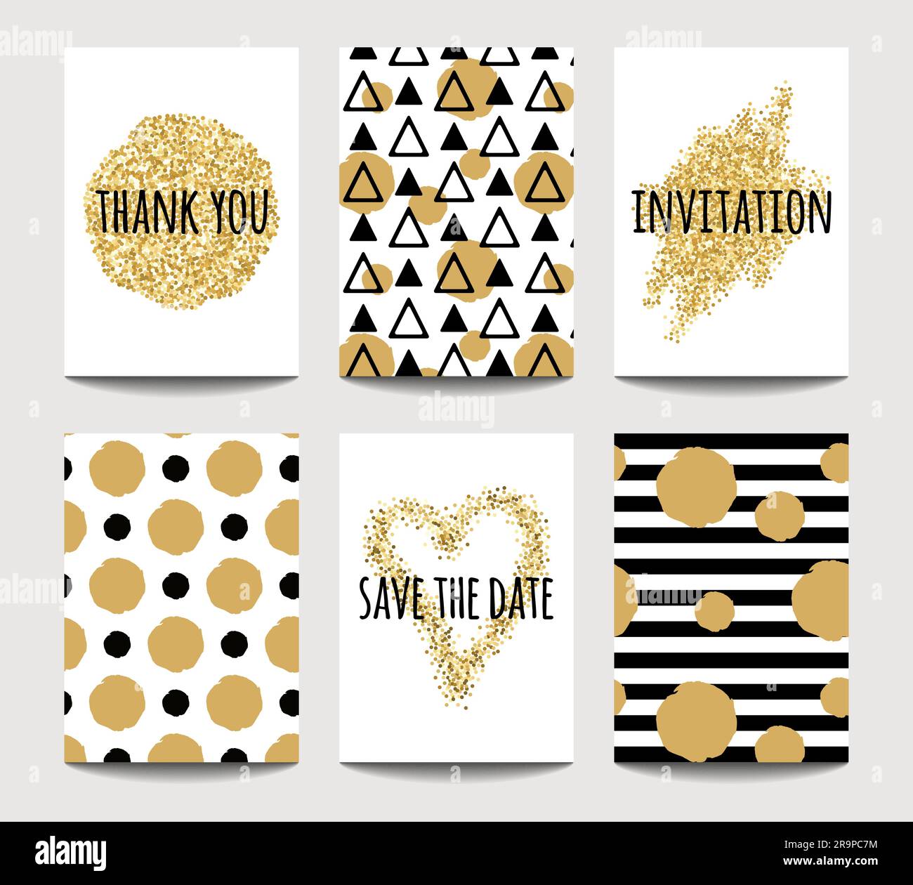 Set vettoriale di biglietti d'amore per il matrimonio e San Valentino con effetti scintillanti dorati. Modelli di invito, biglietto d'auguri, poster. Illustrazione Vettoriale