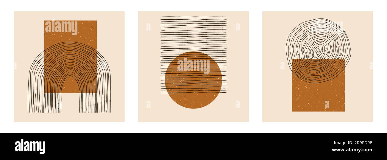 Set vettoriale di poster di progettazione geometrica minimalista boho astratta. Schede creative di modelli alla moda con composizioni di forme primitive per la decorazione delle pareti, p Illustrazione Vettoriale