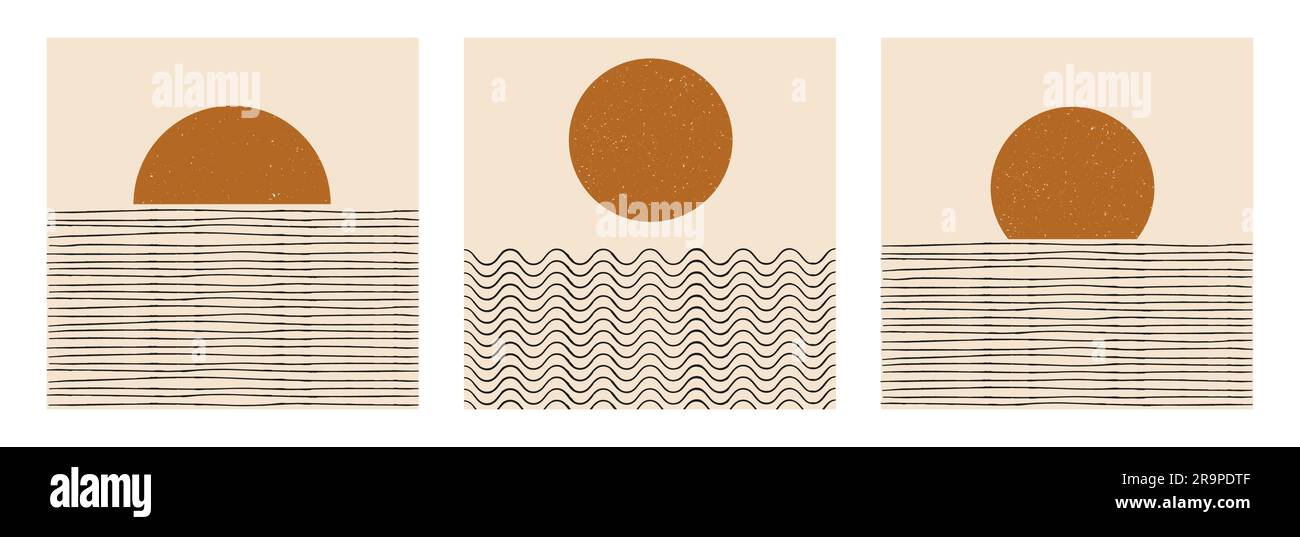 Set vettoriale di poster di progettazione geometrica minimalista boho astratta. Schede creative di modelli alla moda con composizioni di forme primitive per la decorazione delle pareti, p Illustrazione Vettoriale