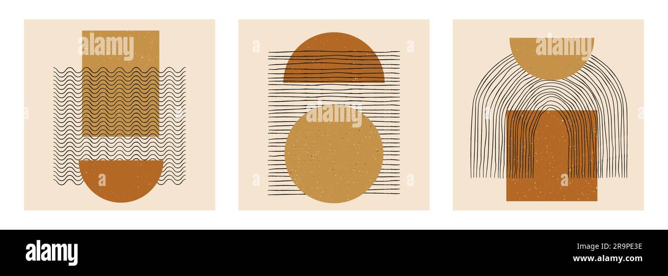 Set vettoriale di poster di progettazione geometrica minimalista boho astratta. Schede creative di modelli alla moda con composizioni di forme primitive per la decorazione delle pareti, p Illustrazione Vettoriale