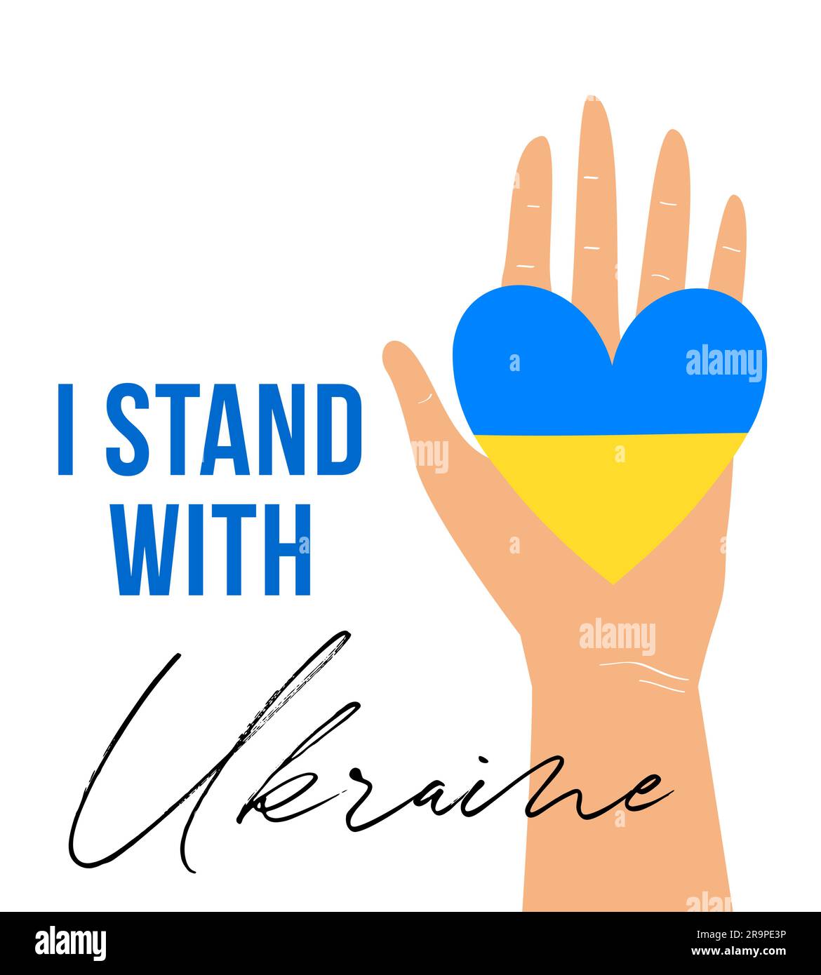 Illustrazione vettoriale della mano umana che regge la bandiera a forma di cuore blu e giallo dell'Ucraina con scritta i Stand con scritta Ucraina isolata su sfondo bianco Illustrazione Vettoriale
