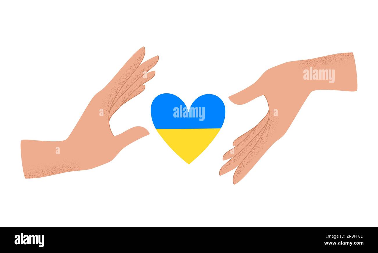 Illustrazione vettoriale di mani umane che reggono la bandiera a forma di cuore blu e giallo dell'Ucraina. Stop War Concept isolato su sfondo bianco. Illustrazione Vettoriale