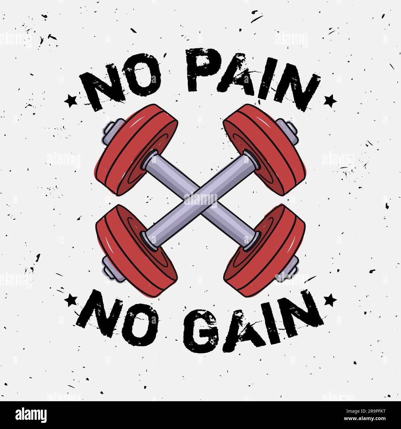 Illustrazione del grunge vettoriale di manubri e frase motivazionale "No pain no gain". Preparazione fisica. Illustrazione Vettoriale