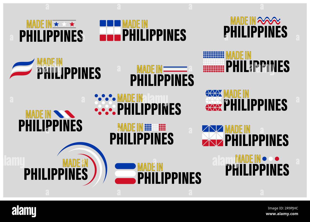 Set di grafica ed etichette Made in Philippines. Elemento di impatto per l'uso che si desidera farne. Illustrazione Vettoriale