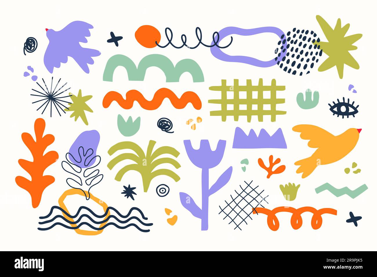 Set vettoriale di forme geometriche astratte moderne in stile artistico Matisse estetico. Elementi creativi disegnati a mano in stile doodle contemporaneo: Fiori, piante, uccelli Illustrazione Vettoriale