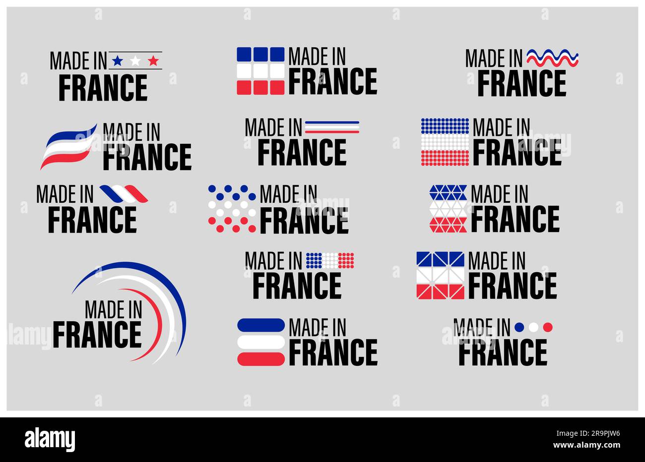 Set di grafica ed etichette Made in France. Elemento di impatto per l'uso che si desidera farne. Illustrazione Vettoriale