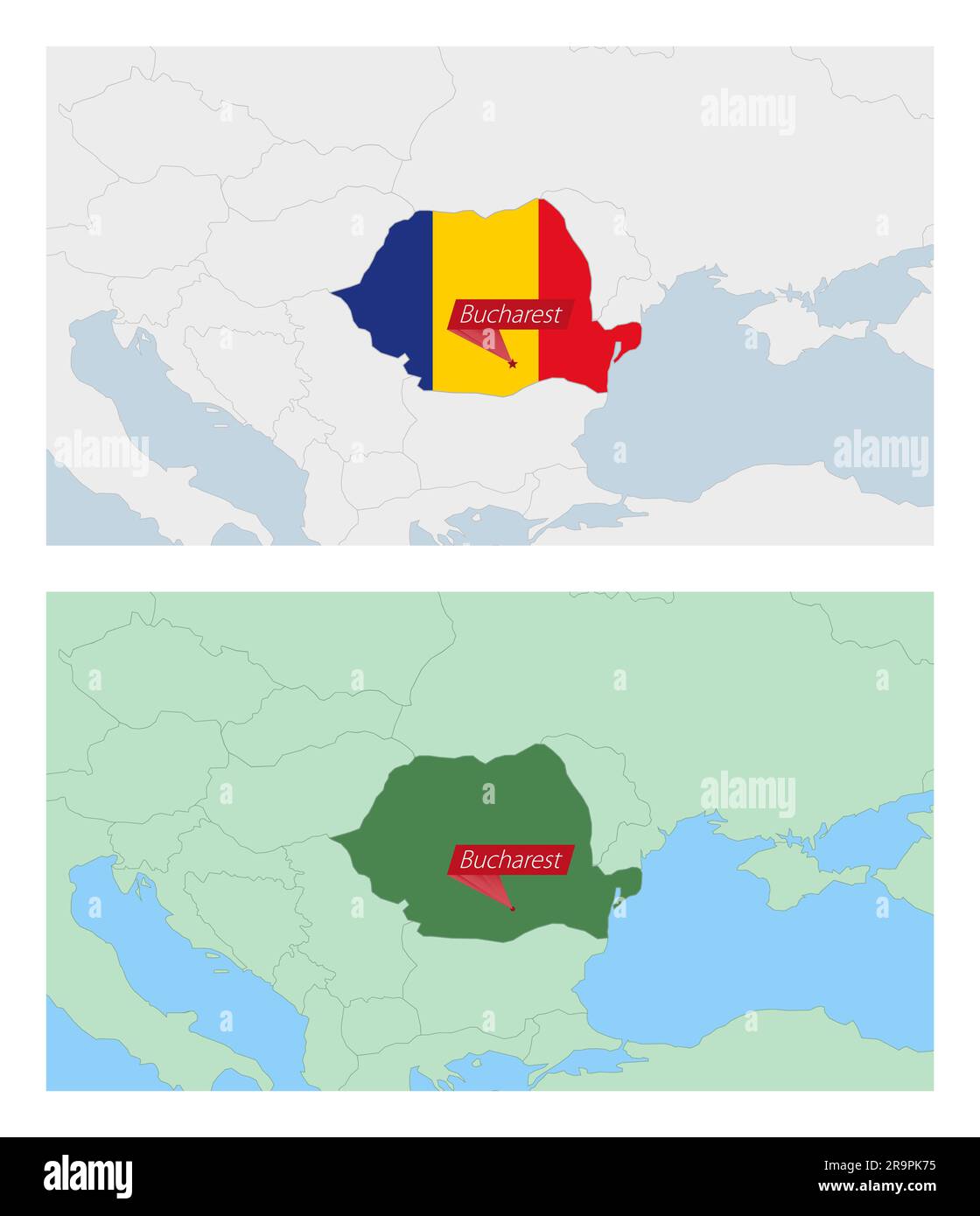 Mappa della Romania con pin della capitale del paese. Due tipi di mappa della Romania con i paesi vicini. Modello vettoriale. Illustrazione Vettoriale