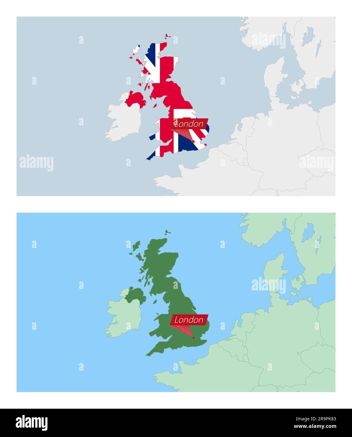 Mappa del Regno Unito con il PIN della capitale del paese. Due tipi di mappa del Regno Unito con i paesi vicini. Modello vettoriale. Illustrazione Vettoriale